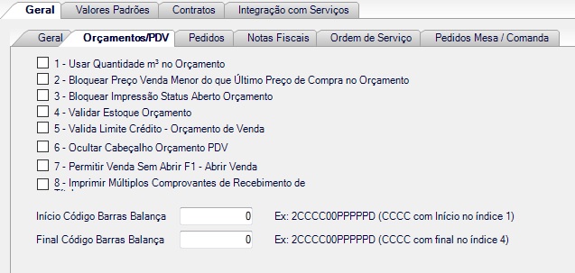 Tela de Parametros de Comercialização Aba Geral Sub Aba Orçamentos PDV.jpg