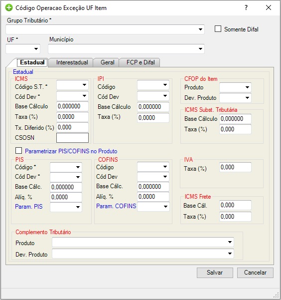 Tela de parametrização tributária estadual Exceção UF Item.jpg