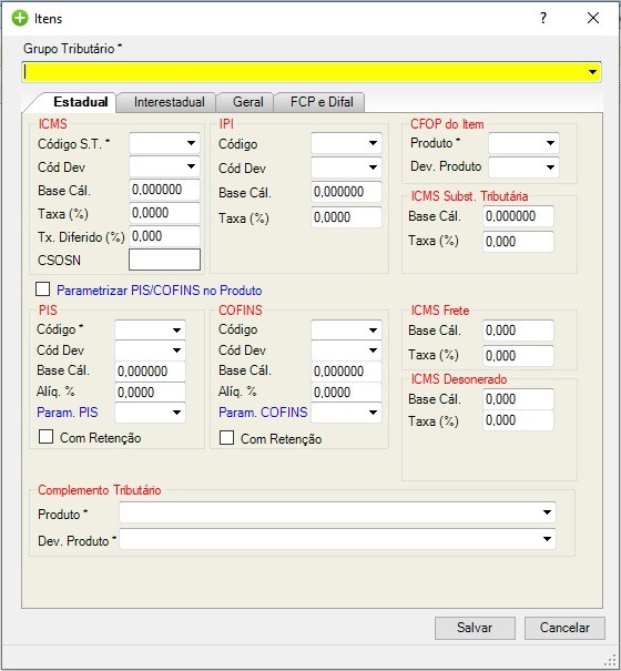 Tela de parametrização tributária interestadual itens.jpg