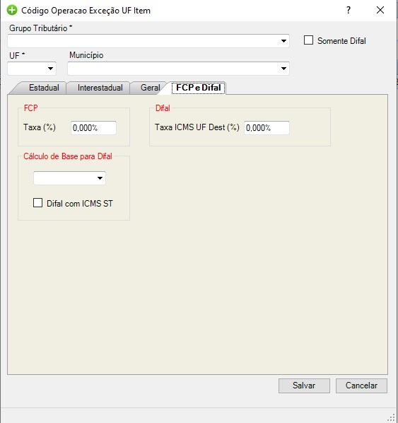 Tela de parametrização tributária FCP e Difal Exceção UF Item.jpg